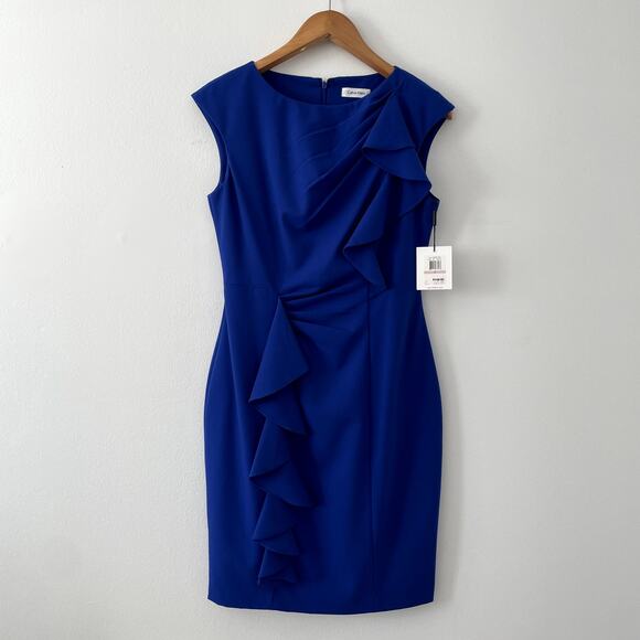 NWT Calvin Klein Sheath Ruffles Dress Size 6 Royal Blue - Picture 1 of 16